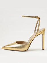 Metallic Gold Buckle Ankle Strap Pointy Stiletto Heeled Pumps